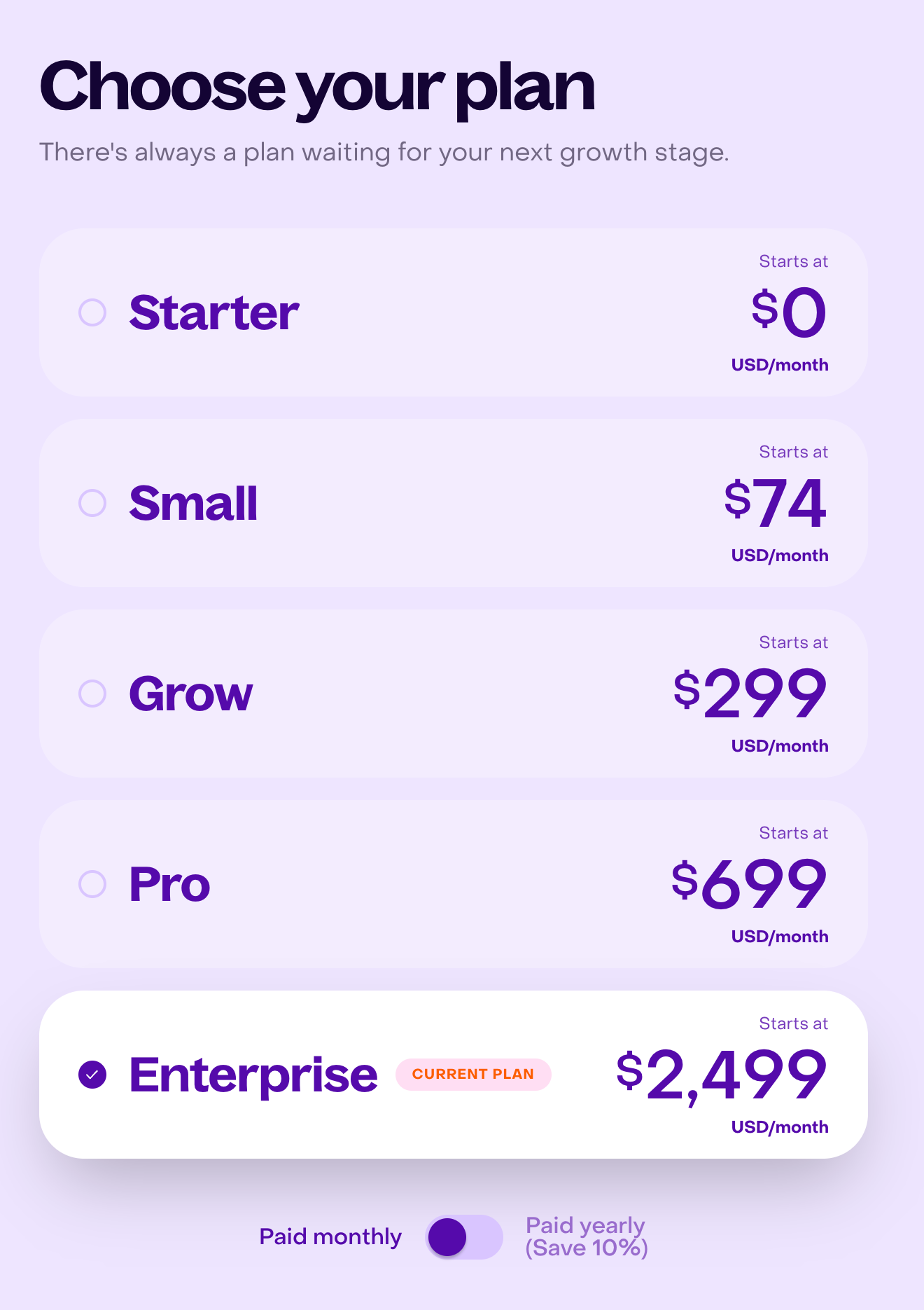 Comparison with five plans, the current Enterprise plan, and the monthly or yearly payment control.